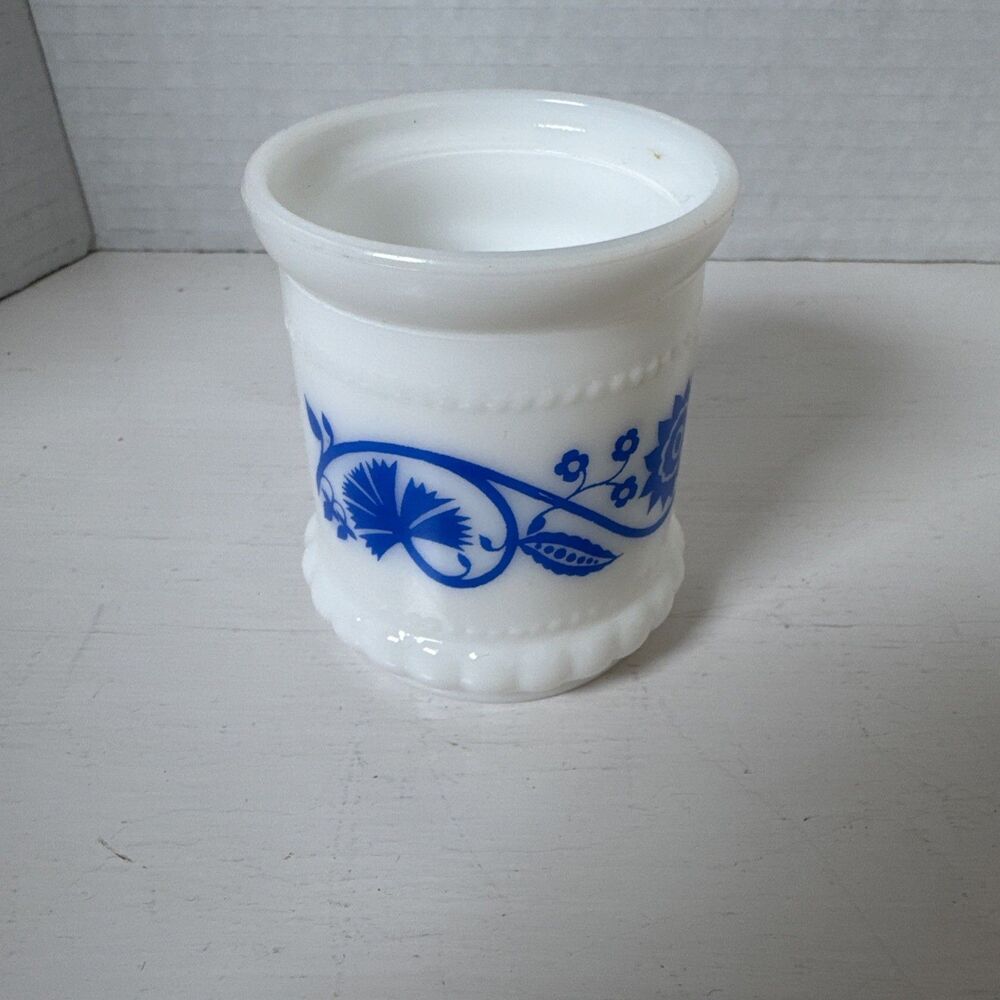Vintage Hazel  Atlas  Milk Glass Jar Votive Holder Blue and White